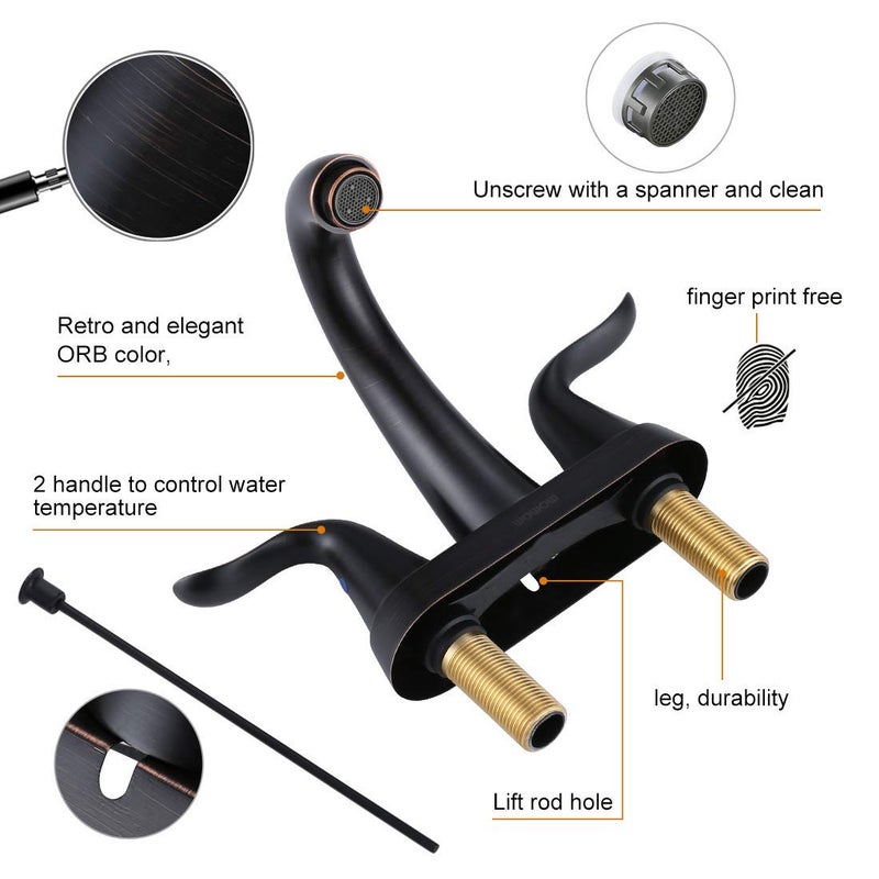 WOWOW Bathroom Faucet 4 inch Centerset Oiled Rubbed Bronze Bathroom Sink Faucet Lift Rod Drain Assembly Stainless Steel Faucets for Bathroom Faucet Retro Lavatory - Image 4
